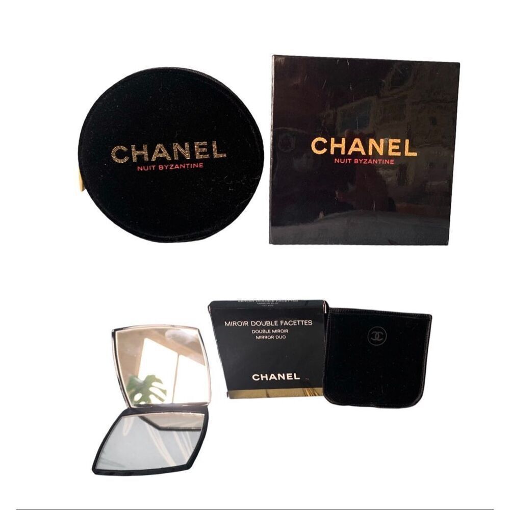 NEW in BOX CHANEL DOUBLE compact MIRROR & Velour Cosmetic Makeup Bag SET LOT